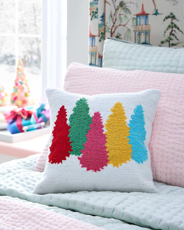 Colorful Christmas Trees Hooked Pillow, 18"